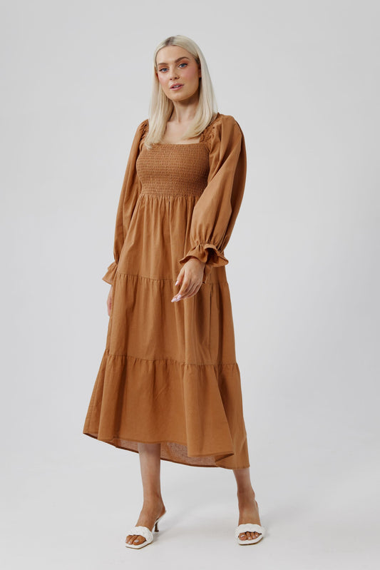 Daisy Says- Delta Long Sleeve Dress- Meerkat Cotton Linen