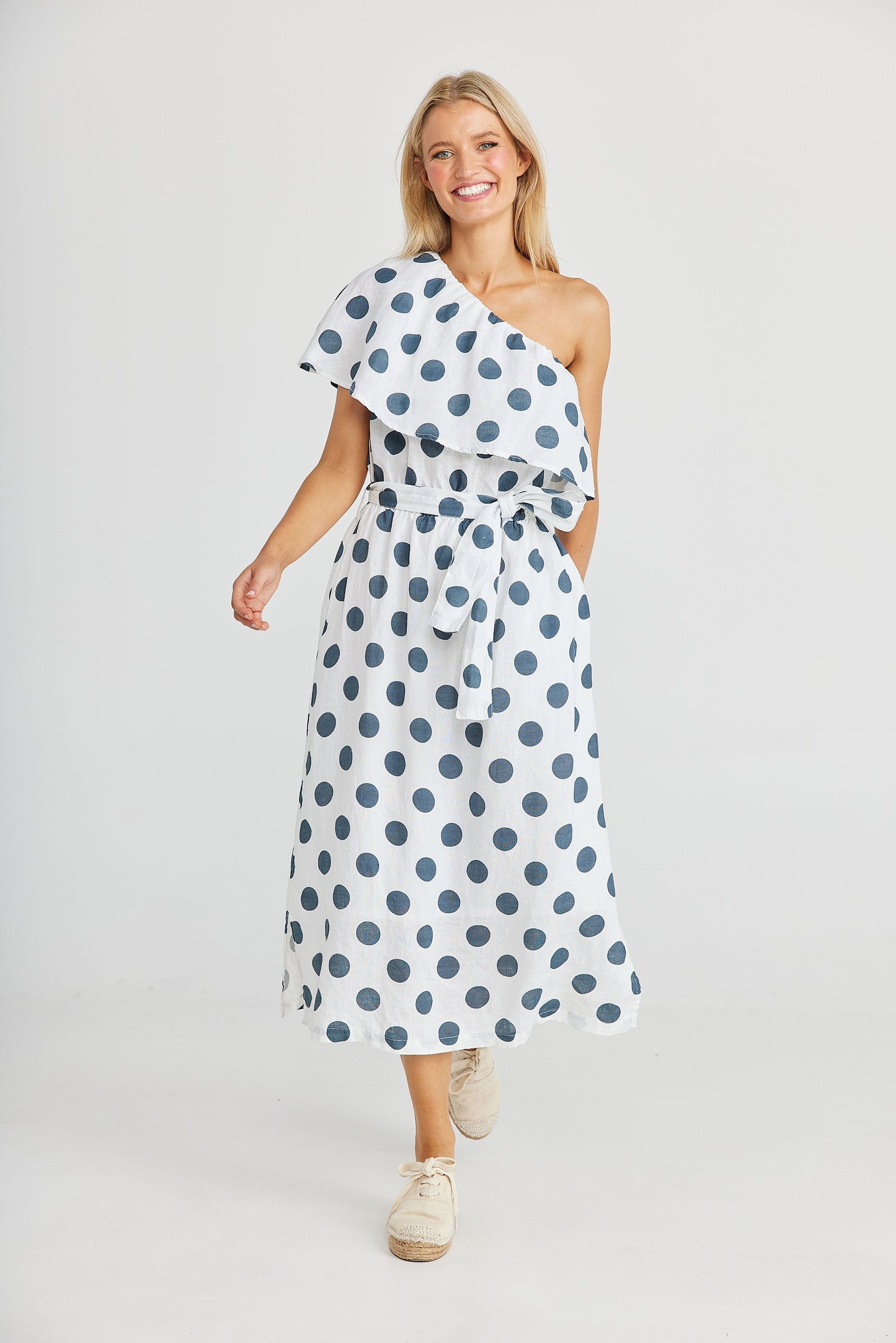 The Shanty- Corina Midi Dress- Slate Dot Linen
